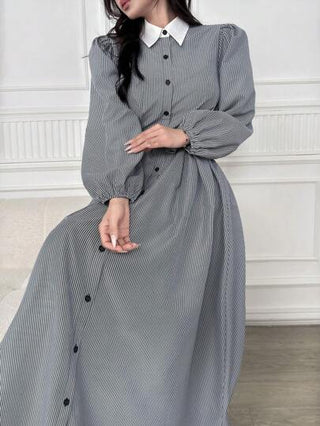 Modelyn فستان قميص أنيق ذو أكمام منتفخة مزين بخطوط، أزرار أمامية، للخريف