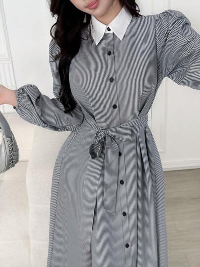 Modelyn فستان قميص أنيق ذو أكمام منتفخة مزين بخطوط، أزرار أمامية، للخريف