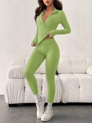 SHEIN EZwear طقم رياضي قطعتين باللون الأسود - جاكيت مفتوحة بسحاب وتايتات