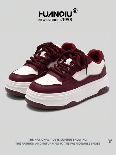 HUANQIU حذاء رياضي هوان تشيو للنساء ذو الرقبة السميكة، متعدد الاستخدامات، مريح وعصري، مناسب لجميع الفصول، باللون الأحمر الكلاسيكي مناسب للطالبات والاستخدام اليومي