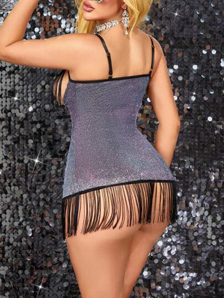 MidnightGlam مجموعة فستان بندي قصير بتفاصيل شراشيب لاتينية وسروال داخلي للنساء قطعتان