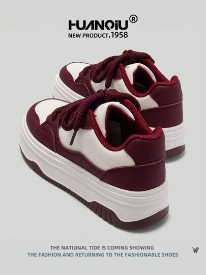 HUANQIU حذاء رياضي هوان تشيو للنساء ذو الرقبة السميكة، متعدد الاستخدامات، مريح وعصري، مناسب لجميع الفصول، باللون الأحمر الكلاسيكي مناسب للطالبات والاستخدام اليومي