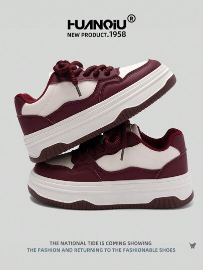 HUANQIU حذاء رياضي هوان تشيو للنساء ذو الرقبة السميكة، متعدد الاستخدامات، مريح وعصري، مناسب لجميع الفصول، باللون الأحمر الكلاسيكي مناسب للطالبات والاستخدام اليومي