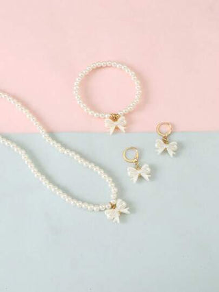 4 قطع / مجموعة طقم مجوهرات للاطفال من عقد اللؤلؤ والخرز البريء بتصميم الفيونكة (عقد وأقراط وسوار)، هدية للبنات