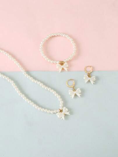 4 قطع / مجموعة طقم مجوهرات للاطفال من عقد اللؤلؤ والخرز البريء بتصميم الفيونكة (عقد وأقراط وسوار)، هدية للبنات