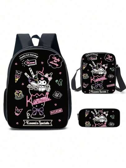 Sanrio طقم حقيبة ظهر لطلاب المدارس الابتدائية مطبوع بأكمله بتصميمات الرسوم المتحركة من 3 قطع، تشمل حقيبة غداء وحقيبة أقلام للأطفال، رسوم كرتونية كاواييي، للسفر والتخزين والتجميل والعطلات والتنظيم، حقائب ظهر صغيرة، هدية أولاد، حقيبة مدرسة، حقيبة سفر
