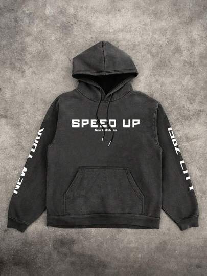 هودي كاجوال مطبوع عليه حرف السيارة غسل بالحمض للرجال