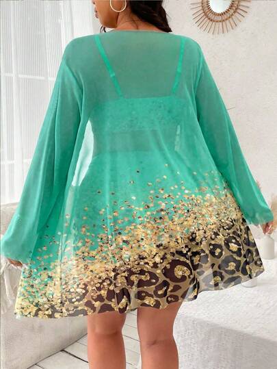 Slaydiva مجموعة بيكيني بطبعة فهد بحجم زائد مع تصميم الخربشة