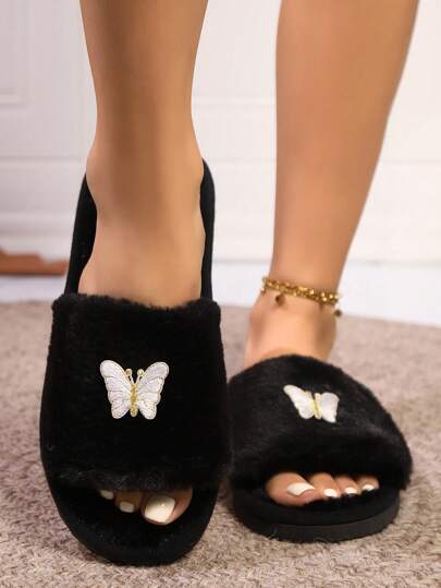 نعال شباشب بكعب مفتوح، مريحة وناعمة سهلة الارتداء، مطرزة بنمط الفراشة، ملائمة لغرف المعيشة والنوم، مناسبة لجميع الفصول