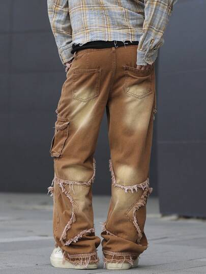 Manfinity EMRG بنطلون جينز رجالي فضفاض واسع ذو جيوب مواطير وهيم مبذلل