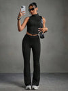 Streetz SHEIN Sport بذلة رياضية للسيدات مكونة من ملابس علوية أكمام بلا أكمام وبنطلون ناقوسي الشكل، بلون أحادي
