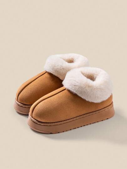 خفاف مفرودة السمك صالحة للجنسين، مناسبة للشتاء، تتميز بتصميم طوق من الفراء، ذات لون واحد، بوت ثلج للخارج، قاع من EVA مانع للانزلاق ومبطن بعازل للحرارة، بوت منزلية مرن