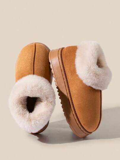 خفاف مفرودة السمك صالحة للجنسين، مناسبة للشتاء، تتميز بتصميم طوق من الفراء، ذات لون واحد، بوت ثلج للخارج، قاع من EVA مانع للانزلاق ومبطن بعازل للحرارة، بوت منزلية مرن