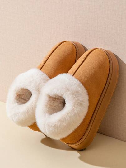 خفاف مفرودة السمك صالحة للجنسين، مناسبة للشتاء، تتميز بتصميم طوق من الفراء، ذات لون واحد، بوت ثلج للخارج، قاع من EVA مانع للانزلاق ومبطن بعازل للحرارة، بوت منزلية مرن