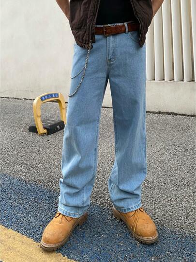 1 قطعة بنطلون جينز رجالي مستقيم الساق بطراز أمريكي كاجوال، بنطلون ذو سِدْلة واسعة وغسيل متوسط عصري