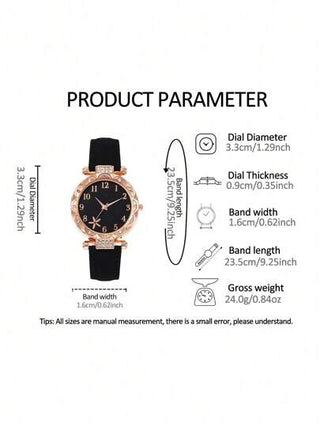 طقم ساعة كوارتز فتاة كاجوال وجميلة مرصعة بالراين بقرص وردي زهري + طقم مجوهرات 6 قطع أوراق وقلوب