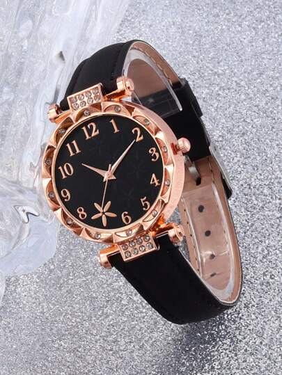 طقم ساعة كوارتز فتاة كاجوال وجميلة مرصعة بالراين بقرص وردي زهري + طقم مجوهرات 6 قطع أوراق وقلوب