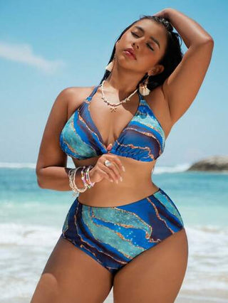 Swim Vcay مجموعة 3 قطع: ملابس علوية علوية ربطة رقبة فائقة الحجم بطبعات كاملة، سراويل سباحة، وتغطية طويلة الأكمام للشاطئ، ملابس سباحة صيفية