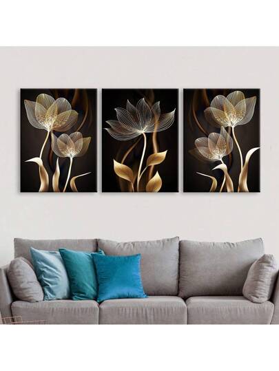 3 قطع لوحة زهرية حديثة ذهبية اللون، منمنمات زهرية معلقة على خلفية ملصقات قماش مجردة، لوحات جدارية نباتية فسيفسائية، أسلوب فخم بسيط لغرف المعيشة والنوم وديكورات المنزل، بدون إطار