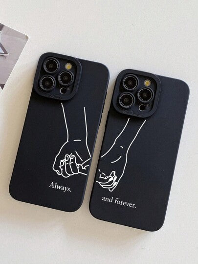 حافظتا هاتف جرافيك بنمط قلوب الزوجين المتشابكة يدا بيد مع شعار "دائما وإلى الأبد"، أغطية هاتف سوداء بسيطة متوافقة مع أجهزة آيفون وسامسونج جالكسي قطعتان