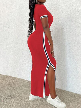PETITE فستان نسائي من النسيج المطاطي منتصف الطول أسود اللون بأكمام قصيرة وشق جانبي عالي ونطاق خصر، مناسب للارتداء في مناسبات رأس السنة الجديدة