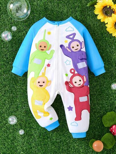 Teletubbies X SHEIN جمبسوت كاجوال عصرية للطفل الصبي بطباعة نجوم ملونة وشخصيات كرتونية، بلون أزرق وأبيض