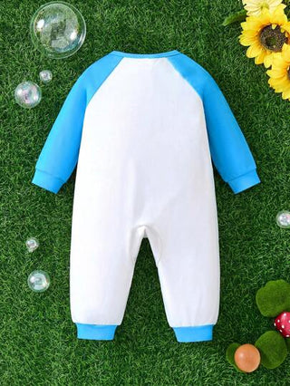 Teletubbies X SHEIN جمبسوت كاجوال عصرية للطفل الصبي بطباعة نجوم ملونة وشخصيات كرتونية، بلون أزرق وأبيض