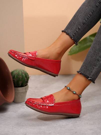 أحذية نسائية بتصميم مبسط، بمقدمة مستديرة وكعب منخفض، مقاس كبير، مطلي بالمرآة، لون واحد صلب، مرن، متعدد المواسم، تصميم عصري، أوبي بولي يوريثان، بطانة قماشية، بنعل TPR ، بدون شراريب، يمكن غسله باليد أو تنظيفه جاف من قِبل محترف