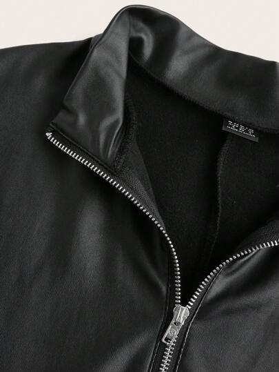 SHEIN EZwear جمبسوت حريمي قطعة واحدة من جلد البي يو الأسود مرن مزودة بسحاب أمامي