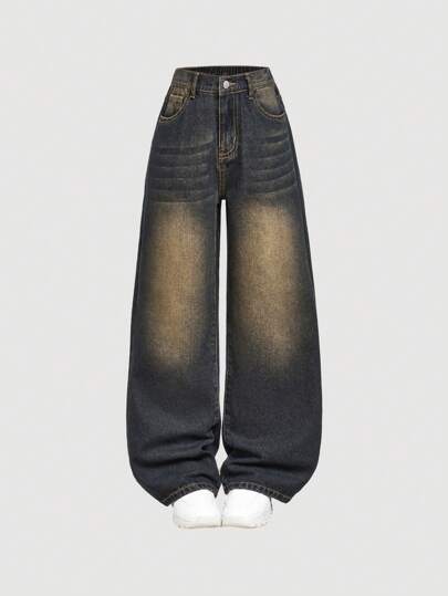 SHEIN بناطيل جينز ارتخائي كاجوال مناسب للمراهقات مع جيوب وساقين واسعتين، ملابس للبنات المراهقات في فصل الخريف للرجوع إلى المدرسة