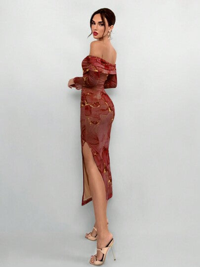 Aloruh فستان ضيق مطبوع بالأزهار المدارية على الكتف المكشوف وبتأثير معدني، أنيق و جذاب للسيدات، موسم الخريف والشتاء