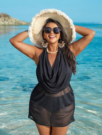 Swim Vcay توب غطاء شفاف ذو ياقة منخفضة وظهر عاري، مقاس كبير للصيف