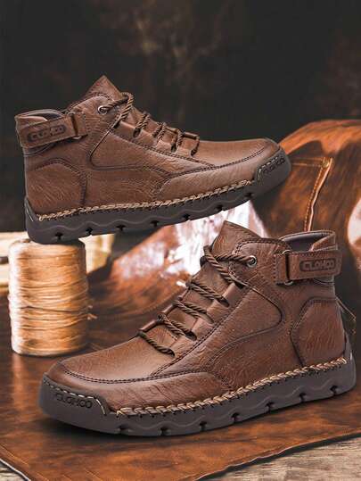 CLOHOO بوت رجالية قصيرة معشقة يدويًا من علامة تجارية CLOHOO، بوت جلدية رجالية عالية الرقبة، بوت التنزه، بوت المشي