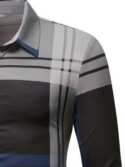 قميص رجالي أنيق طويل الأكمام بياقة فردية، بتصميم كلاسيكي باللون الرمادي الأزرق مع تفاصيل نمط مخطط مربع، مناسب للربيع والصيف والخريف، طراز ناضج مناسب للمكتب والأعمال والمناسبات الرسمية