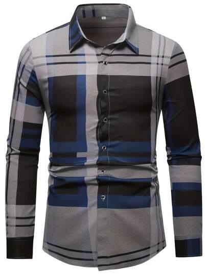 قميص رجالي أنيق طويل الأكمام بياقة فردية، بتصميم كلاسيكي باللون الرمادي الأزرق مع تفاصيل نمط مخطط مربع، مناسب للربيع والصيف والخريف، طراز ناضج مناسب للمكتب والأعمال والمناسبات الرسمية