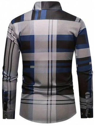 قميص رجالي أنيق طويل الأكمام بياقة فردية، بتصميم كلاسيكي باللون الرمادي الأزرق مع تفاصيل نمط مخطط مربع، مناسب للربيع والصيف والخريف، طراز ناضج مناسب للمكتب والأعمال والمناسبات الرسمية