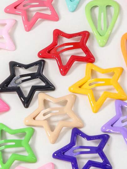 30 قطعة/عبوة مشابك شعر للأطفال ملونة على شكل نجمة وفراشة وقلب وقطرة ماء ومربع بأنماط عشوائية بسيطة وجميلة ولامعة للاستخدام اليومي