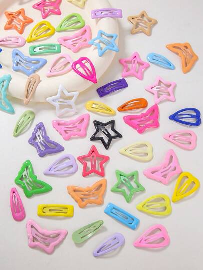 30 قطعة/عبوة مشابك شعر للأطفال ملونة على شكل نجمة وفراشة وقلب وقطرة ماء ومربع بأنماط عشوائية بسيطة وجميلة ولامعة للاستخدام اليومي