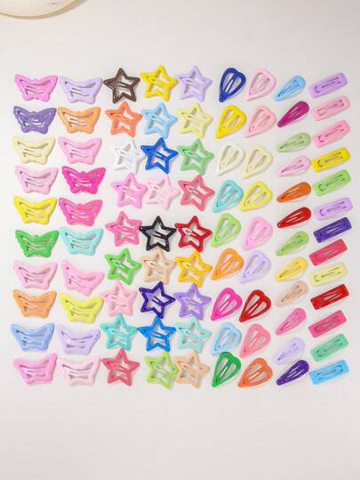 30 قطعة/عبوة مشابك شعر للأطفال ملونة على شكل نجمة وفراشة وقلب وقطرة ماء ومربع بأنماط عشوائية بسيطة وجميلة ولامعة للاستخدام اليومي