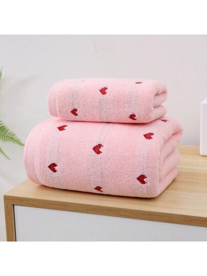 مجموعة منشفة واحدة ذات نمط قلب ومكونة من قطعتين (منشفة حمام + منشفة يد) - مجموعة حمام لينة وماصة بدون رائحة، منشفة يد واحدة (34*75سم) ومنشفة حمام واحدة (70*140سم)، مناسبة لاستخدام الأزواج والعائلات وكهدية عيد الحب