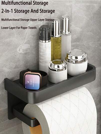 صندوق حامل ورق التواليت مع رف تخزين - مثبت على الحائط بطريقة لاصقة أو باستخدام مسامير، موزع منسوجات الحمام بدون حفر، و حامل هاتف مزين للحمام للصيف