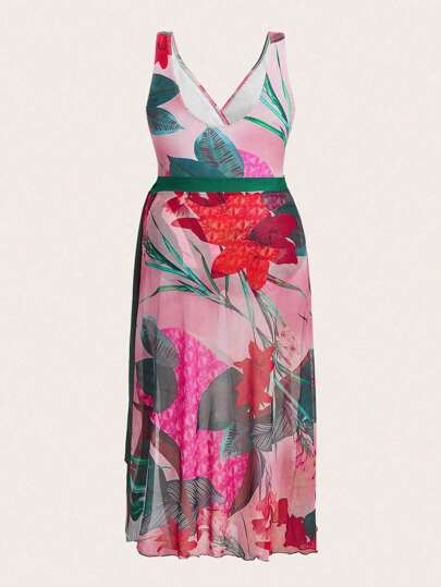 Swim Oasis مايوه نسائي مطبوع بنباتات استوائية للمقاسات الكبيرة للصيف عبارة عن قطعة واحدة، يأتي مع تنورة كوفر آب مطابقة مناسبة للإجازة 2قطعة/مجموعة