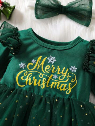 فساتين بيبي Glamorique Kids جملة الأطفال البنات عيد الميلاد أزهار الثلج مجموعة فستان وأغطية الرأس بكمامات طويلة بطبعة النجوم المشبكية 2 قطعة/مجموعة