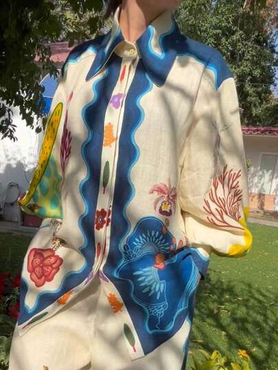 مجموعة قطعتين عشوائية الطباعة موضة كاجوال من الكتان فضفاضة للعطلات