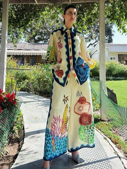 مجموعة قطعتين عشوائية الطباعة موضة كاجوال من الكتان فضفاضة للعطلات