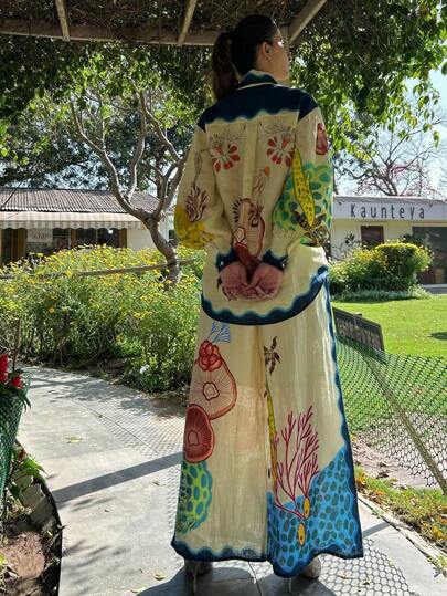 مجموعة قطعتين عشوائية الطباعة موضة كاجوال من الكتان فضفاضة للعطلات