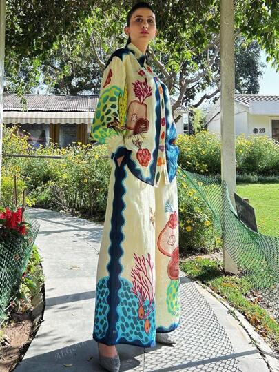 مجموعة قطعتين عشوائية الطباعة موضة كاجوال من الكتان فضفاضة للعطلات