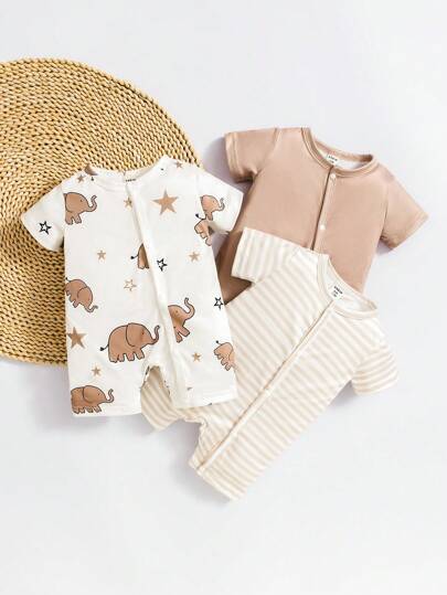 SHEIN طقم مكون من 3 قطع لطفل حديث الولادة من الأولاد، بتصميم ملائم إلفنت كرتوني ولون صلب، يوفر حلولاً شاملة للملابس للأطفال. أقمشة مريحة مختارة بعناية لتوفير حماية دافئة ومريحة للاستخدام اليومي والخروج