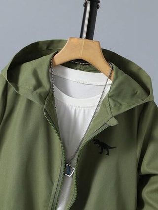 SHEIN سترة بقلنسوة مزودة بسحّاب وطبعة ديناصور للصبي في مرحلة البلوغ بدون تي شيرت