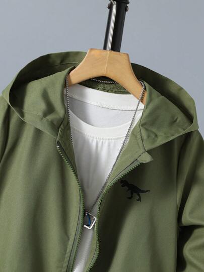 SHEIN سترة بقلنسوة مزودة بسحّاب وطبعة ديناصور للصبي في مرحلة البلوغ بدون تي شيرت